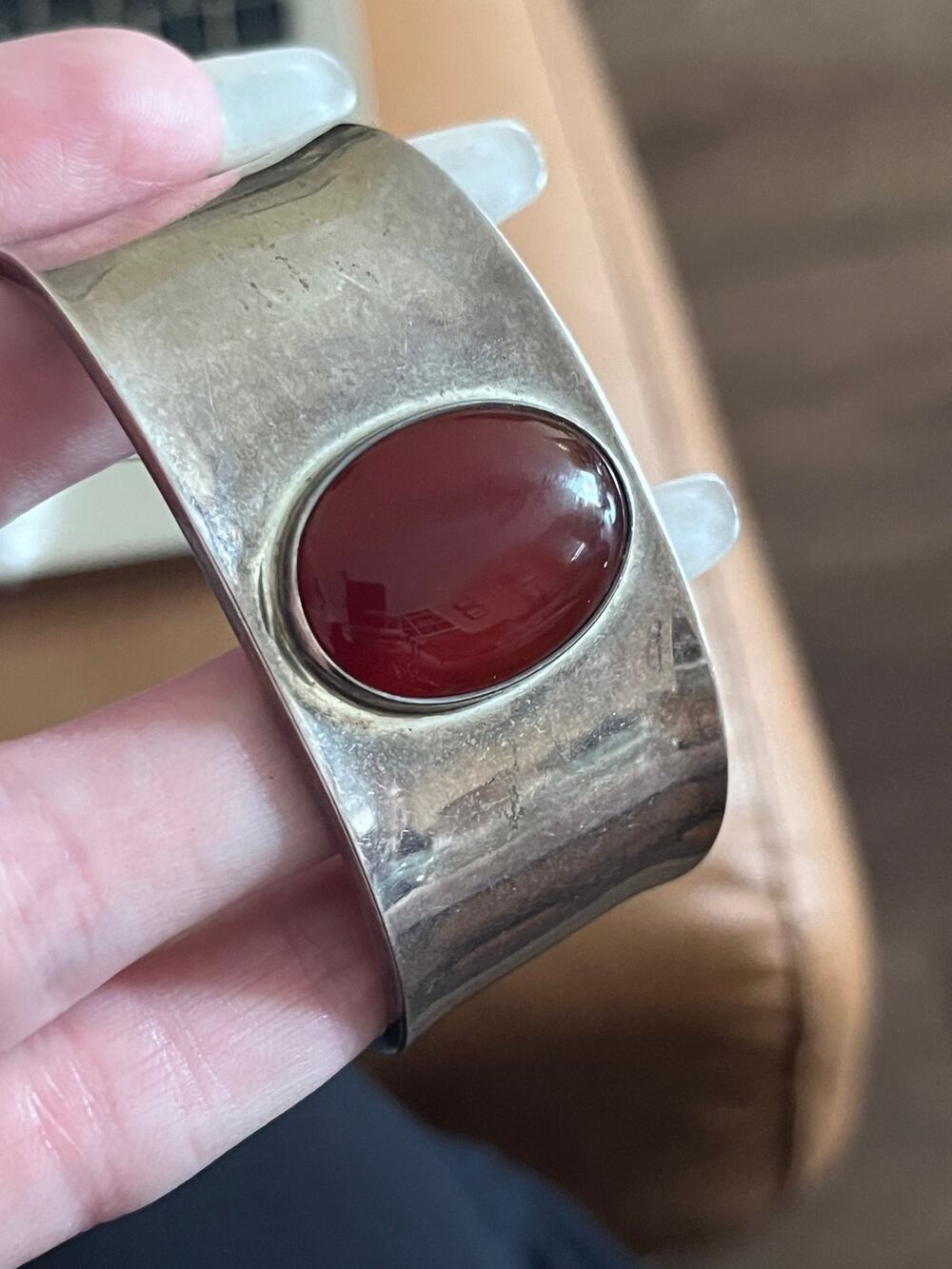 Vintage MEXICO 925 Sterling Silver Large Carnelian Stone Wide Cuff Bracelet
